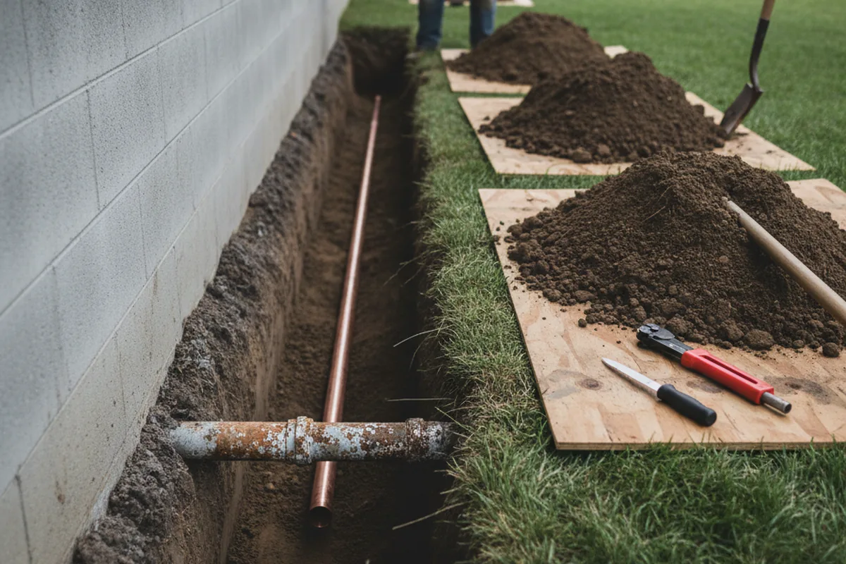 Excavated water line trench during Water Heater Repair in Mc David